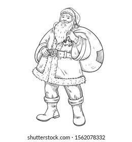 A realistic portrait of Santa Claus.Black and white stock vector illustration isolated on white background.