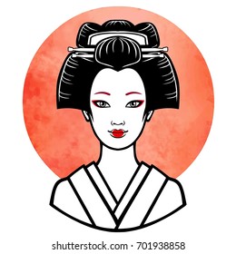 Realistic portrait of the young Japanese girl  an ancient hairstyle. Geisha, maiko, princess. Background - the red watercolor sun. Print, poster, t-shirt, card. Vector illustration isolated on white.