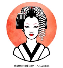 Realistic portrait of the young Japanese girl  an ancient hairstyle. Geisha, maiko, princess. Background - the red watercolor sun. Print, poster, t-shirt, card. Vector illustration isolated on white.