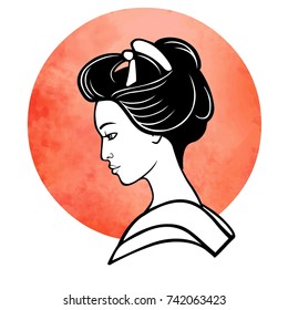 Realistic portrait of the young Japanese girl an ancient hairstyle. Geisha, maiko, princess. Background - the red watercolor sun. Print, poster, t-shirt, card. Vector illustration isolated on white.