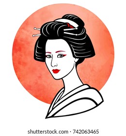 Realistic portrait of the young Japanese girl an ancient hairstyle. Geisha, maiko, princess. Background - the red watercolor sun. Print, poster, t-shirt, card. Vector illustration isolated on white.