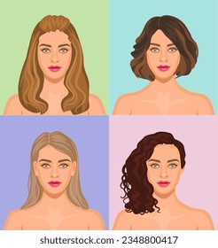 Realistas retratos de hermosas mujeres jóvenes con diferentes estilos de cabello. Un conjunto de avatares femeninos.
