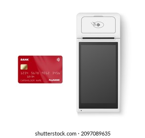 Realistic POS terminal with bank card vector illustration. Online banking pay machine processing NFC payments device isolated on white. Financial purchase epayment ecommerce retail shop checkout