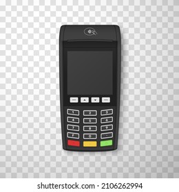 Realistic POS terminal e payment machine top view vector illustration. Modern black banking device cashless wireless financial transaction online purchase paying with display and buttons. NFC pay