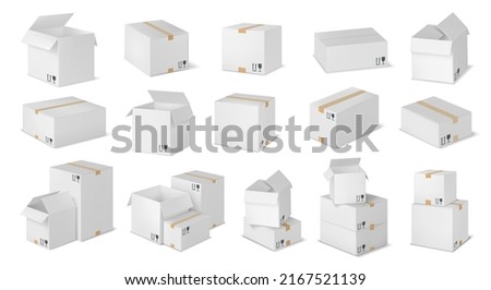 Realistic post box. White cardboard package, stacked boxes and fragile parcel packaging 3D mockup vector set. Illustration of cardboard delivery