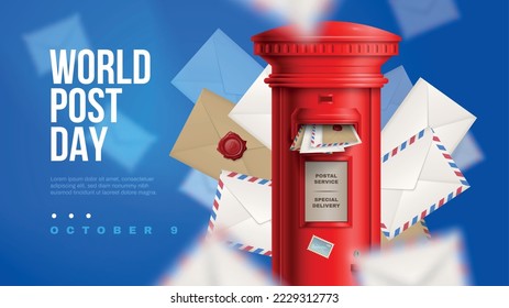 Realistic post horizontal poster with big red box and world post day description vector illustration