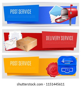 Realistic post mailbox letter banners set of three horizontal compositions with editable text images and pictograms vector illustration