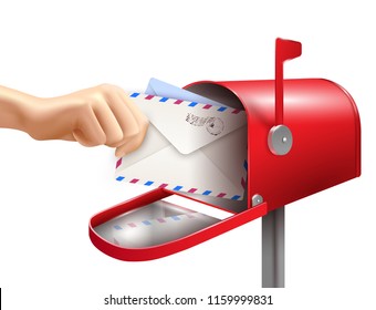 Realistic Post Mailbox Letter Hand Composition With Images Of Human Hand Envelopes And Classic Mail Box Vector Illustration