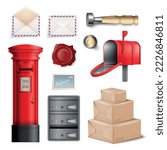 Realistic post office icon set postal urn box, empty envelope parcels wax seal and stamp vector illustration