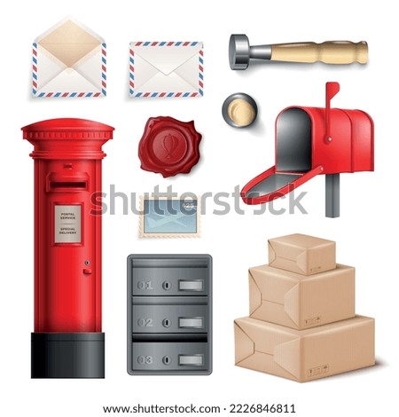 Realistic post office icon set postal urn box, empty envelope parcels wax seal and stamp vector illustration