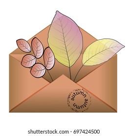Realistic postal envelope with autumn multicolored leaves in vector illustration.