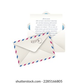 Realistic postal envelope with letter template vector illustration