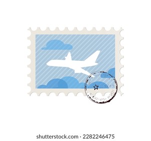 Sello postal realista con ilustración vectorial de avión