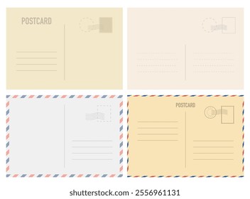 Realistic postcard template set with place for stamp. Cardboard postcard in retro vintage style. Vector EPS 10