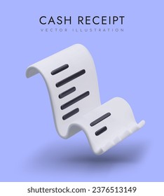 Realistic poster with 3d cash receipt on blue background. Concept of sale. Documentation in store for purchaser. Vector illustration in 3d realistic style