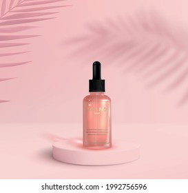 Realistic poster for advertising a cosmetic product. Facial essence bottle on pink background with palm shadow