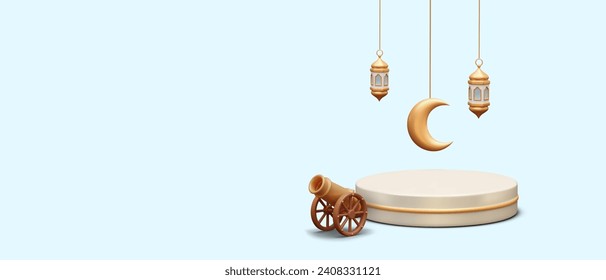 Realistic poster, celebration Ramadan concept. Cannon, golden moon, and lanterns. Religious elements for Islamic holidays. Vector illustration in 3d style with blue background