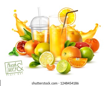 Realistic poster with citrus fruits and glasses of cold fresh juice on white background vector illustration