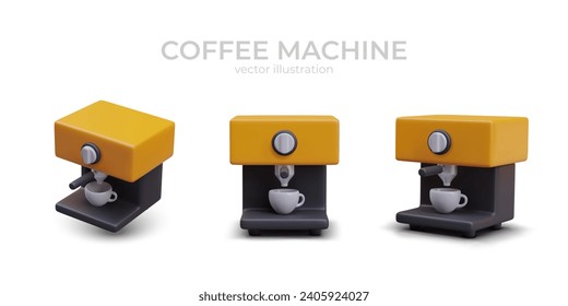 Realistic poster with coffee machine in different positions, white background, and place for text. Coffee machines with drink cup prepares hot chocolate. Vector illustration in 3d style