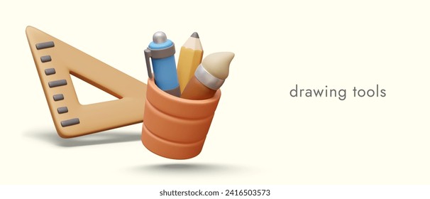 Realistisches Poster mit Zeichenwerkzeugen. Orangefarbene Tasse mit Pinsel, Stift und Bleistift, Holzgeländer