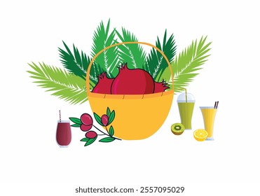 Realistic poster with fruits and glasses of cold fresh juice on leaves Pomegranate white background