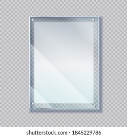 Realistic Poster In Glass Frame. 3D Empty Acrylic Banner On Wall. Blank Sheet Of Paper Under Plastic Protective Screen. Picture Border Template On Transparent Background. Vector Advertising Mockup