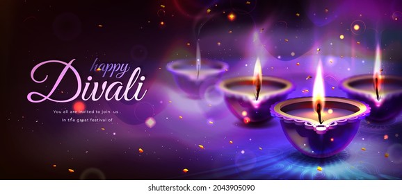 Realistic poster of happy diwali holiday with glowing diya candles on purple background. Traditional hindu festival with floral mandala. Indian religious celebration with burning lamps, rangoli design