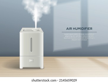 Realistic poster with house air humidifier on table vapour cloud and editable text vector illustration