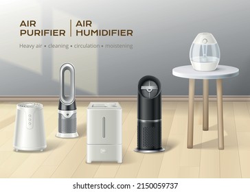 Realistic poster with indoor air purifiers and humidifiers in living room for home climate control vector illustration