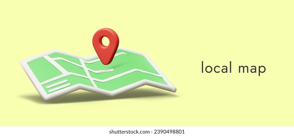 Realistic poster with open paper map and red pin. Concept of tracking delivery and position on map. Vector illustration in 3d style with yellow background and place for text