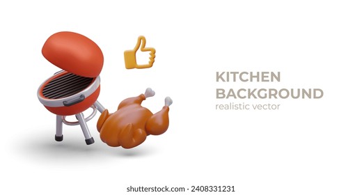 Afiche realista con parrilla roja. Concepto de preparación de alimentos. Cocinando pollo al fuego. Parrilla de barbacoa portátil vacía. Ilustración vectorial en estilo 3d con lugar para texto