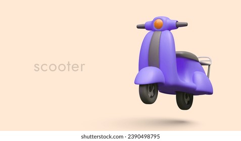 Realistic poster with scooter in purple colors on orange background. Model of transport for food or products delivery. Vector illustration in 3d style