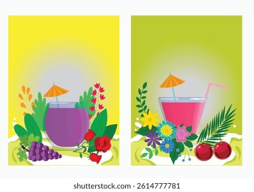 Realistic poster sets color drink fruits and glasses of cold fresh juice for event party on leaves white backgrounds.