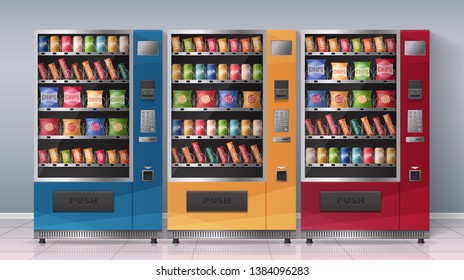 Realistic poster with three multicolored vending machines full of beverages and snacks vector illustration