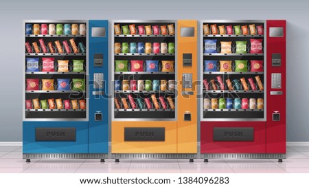 Realistic poster with three multicolored vending machines full of beverages and snacks vector illustration