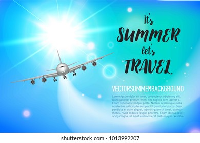 Realistic poster white Airplane flying in the sky with blue bottom abstract background vector illustration