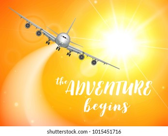 Realistic poster white Airplane flying in the sky with yellow bottom abstract background vector illustration