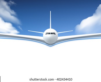 Realistic poster white Airplane flying in the sky with white bottom abstract background vector illustration