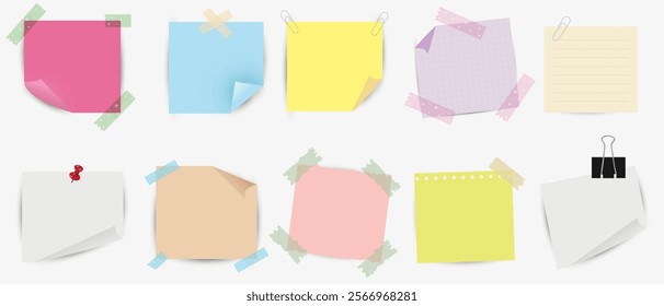 
Realistic Post-It Notes. Colorful stickers attached with tape, paper clip, red pushpin and metal paper clip. Collection of colorful note paper sheets with folded corners, ready for your message.