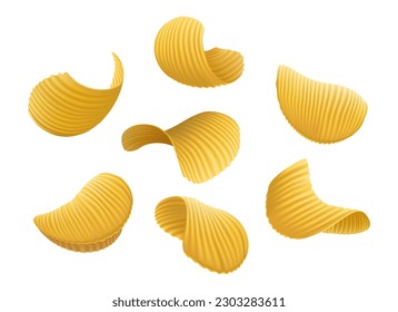 Realistic potato chips. Whole wavy crisp chip snacks isolated on white background, 3d natural crisps vector illustration, crunche potatos fastfood fall