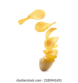 Realistic potato slices flying and turning into wavy crispy chips. Ripe potato vegetable slices turning into crunchy chips. Flying junk food salty snack, potato flavored isolated vector chips