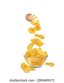 Realistic potato slices turning into ripple chips in glass bowl. Isolated vector junk snack, fried fast food or crisps in transparent plate, raw unpeeled potato vegetable and crunchy salty chips