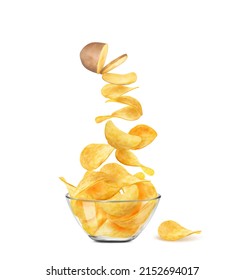 Realistic potato slices turning into crispy chips in glass bowl. 3d vector falling wavy snack pieces in motion, crunchy food for advert, crisp meal promotion with chips and transparent bowl