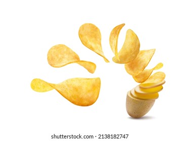 Realistic potato turning into wavy crispy chips, flying snacks splash, vector. Isolated tornado wave whirl of flying potato chips from pack, appetizer advertising
