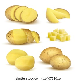 Realistic potatoes. Grocery natural products vegetables fresh sliced eco food plants for vegetarian vector set