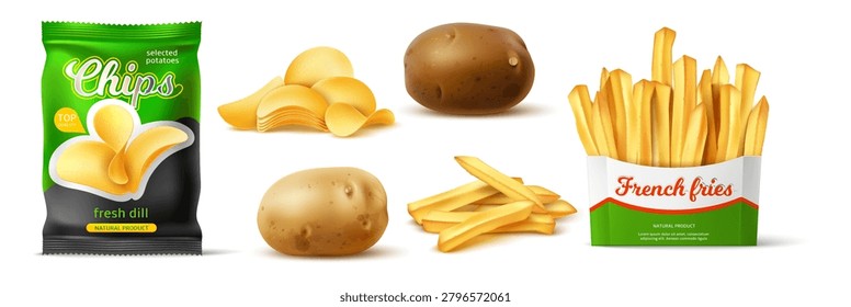 Realistic potatoes and nosh snacks. Realistic packaging for French fries or chips. Delicious beer appetizer. Foil sachet. Starchy 3D vegetable. Tubers peeled or cut pieces. Vector isolated objects set