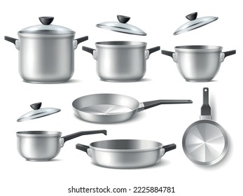 Realistic pots and pans. Shiny metal cookwares, 3d isolated utensils, glass lids, silver cooking saucepan, kitchen objects different angles view, home and cafe kitchenware, utter vector set