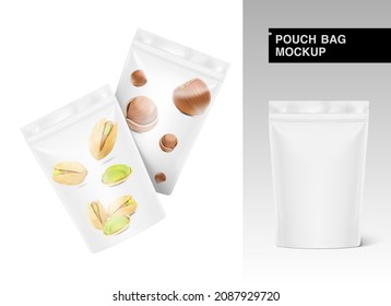 Realistic pouch bag mockup with examples. Vector illustration isolated on white background. Front view. Can be use for template your design, presentation, promo, ad. EPS10.	