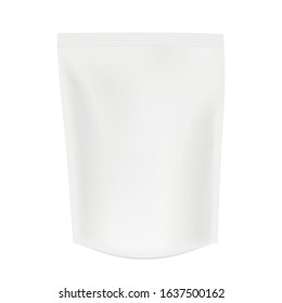 Realistic pouch bags mockup. Zip package with shadow. Coffee, tea and other product packge. 3D white packaging mock up isolated on white background - stock vector.
