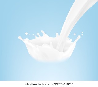 Realistic pour of milk and crown splashes on a colourful background. Vector illustration. Ready to use for your design. EPS 10.	